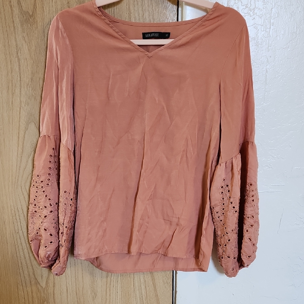 Mikarose Women's Blouse in Warm Peach with Eyelet Sleeves